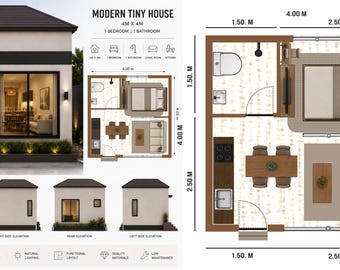 Moderne compacte woningplattegrond 4 x 4 m | Huisontwerp met 1 slaapkamer