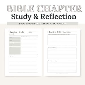 May include: A printable Bible study and reflection worksheet with the text "BIBLE CHAPTER Study & Reflection". The worksheet includes sections for chapter study and reflection, with space for notes and summaries. The design is simple and clean.