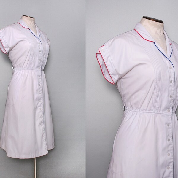 SALE 1970s White Shirtwaist Dress / Vintage 70s Red White Blue Dress / Medium