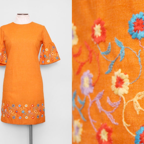 1960s Bell Sleeve Boho Dress / Orange Floral Dress / Medium