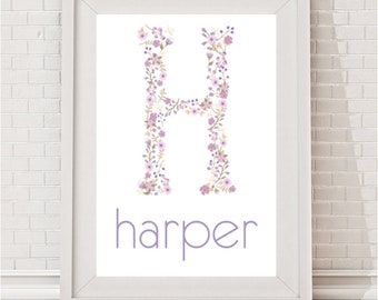 Digital Print Only // Custom Lavender Floral Monogram Name Print, Girls Nursery Art, Girls Bedroom Art, Monogram Art, Floral Monogram,