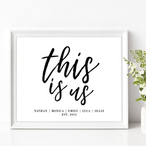 Peut inclure: Impression encadrée en noir et blanc avec le texte "this is us" et les noms "Nathan, Monica, Emily, Luca, Ollie" et la date "EST. 2012".