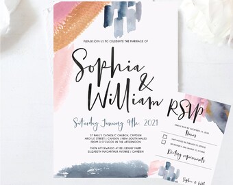 May include: Wedding invitation with a watercolor background in shades of pink, orange, and blue. The invitation reads "Please join us to celebrate the marriage of Sophia & William. Saturday January 9th, 2021. St. Paul's Catholic Church, Camden. Argyle Street | Camden New South Wales. From 3 o'clock in the afternoon. Then afterwards at Belgenny Farm. Elizabeth Macarthur Avenue | Camden."