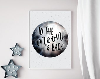 To The Moon & Back Children's Print // Lunar, Moon, Nursery Print