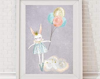 Floating Bunny Print, Girls Nursery Art, Grey and Pink, Cute prints for girls