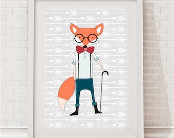 May include: A cartoon fox wearing a bow tie, glasses, and suspenders, holding a cane. The fox is standing on a gray background with a white arrow pattern.