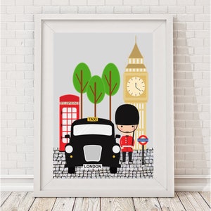 Best of London Print, England Black Cab, Soldier, Red Phone Box and Big Ben Kids Bedroom Art
