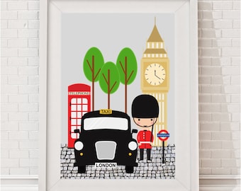 May include: A colorful illustration of London landmarks, including a red telephone booth, a black taxi cab with the word "LONDON" on the back, a red-coated guard, and Big Ben with a clock face.