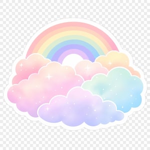May include: A sticker featuring a pastel rainbow arching over fluffy clouds. The rainbow displays bands of red, orange, yellow, green, blue, and purple. The clouds are in shades of pink, purple, yellow, and blue, with small white stars.