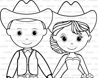 Wedding Bride Groom clip art - western country -  black and white -  digital stamp - digi stamp - clipart- Personal and commercial use