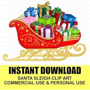 Conception d’images clipart de traîneau de Père Noël, téléchargement numérique de Noël, graphiques d’illustration, téléchargement instantané