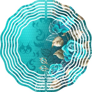 May include: A teal blue and white metal wind spinner with a floral design. The design features stylised roses and leaves. The wind spinner has a circular shape with multiple layers.