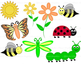 Spring ladybug caterpillar butterfly dragon fly bee bugs digital clip art set, clipart personal and commercial use digital download