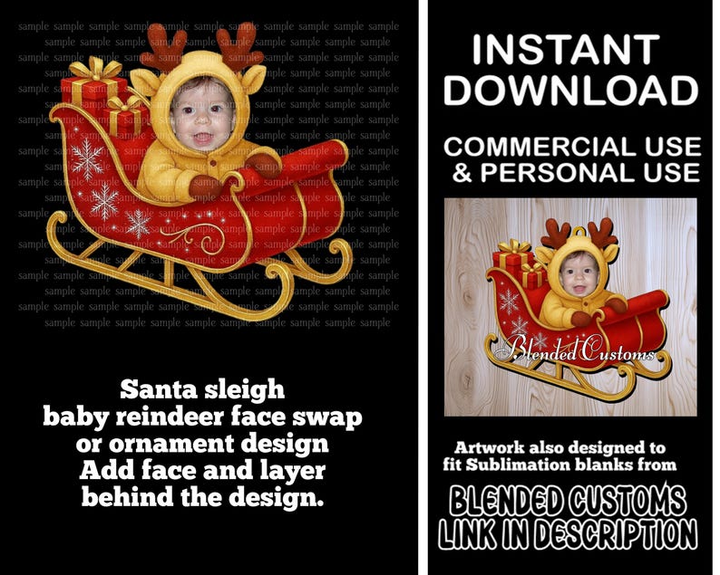 Pu&ograve; includere: Un design digitale con un bambino in costume da renna su una slitta rossa di Babbo Natale con regali. Adatto per lo scambio di volti o la creazione di ornamenti. Il testo include "Download istantaneo" e "Uso commerciale e personale".