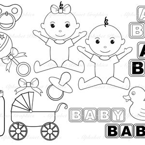 Black and White Baby digital clip art set, digital stamps clipart personal and commercial use