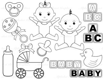 Black and White Baby digital clip art set, digital stamps clipart personal and commercial use