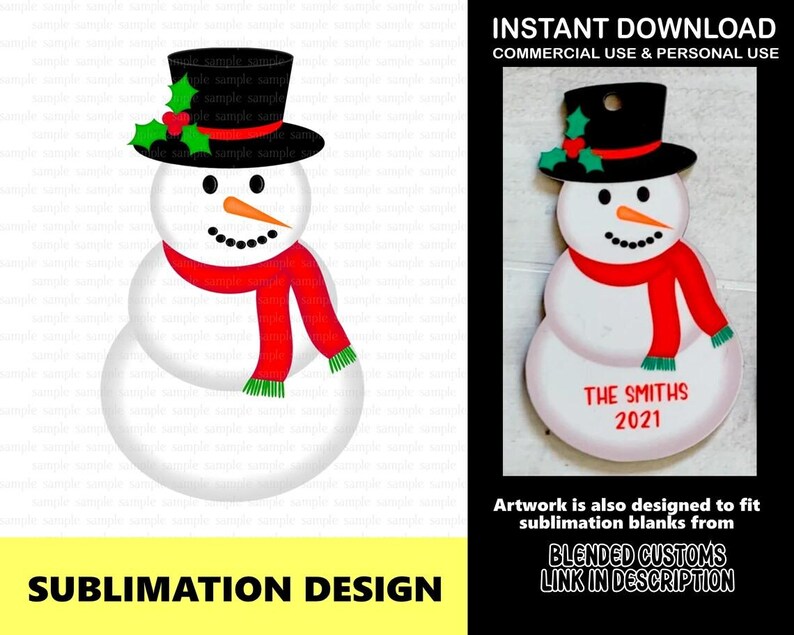 Adorno navideño con diseño de muñeco de nieve por sublimación - Imágenes prediseñadas de sublimación - Uso personal y comercial imagen 1