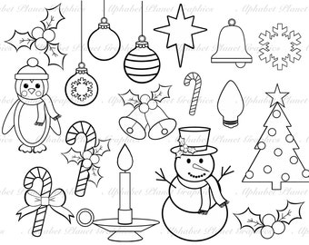 Black and White Christmas Holiday digital clip art set, digital stamps clipart personal and commercial use