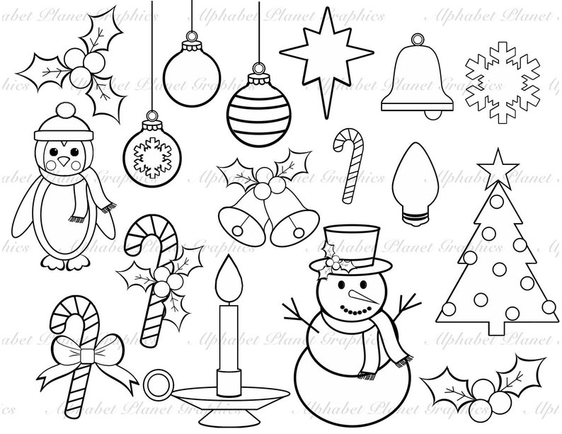 Black and White Christmas Holiday Digital Clip Art Set, Digital Stamps ...