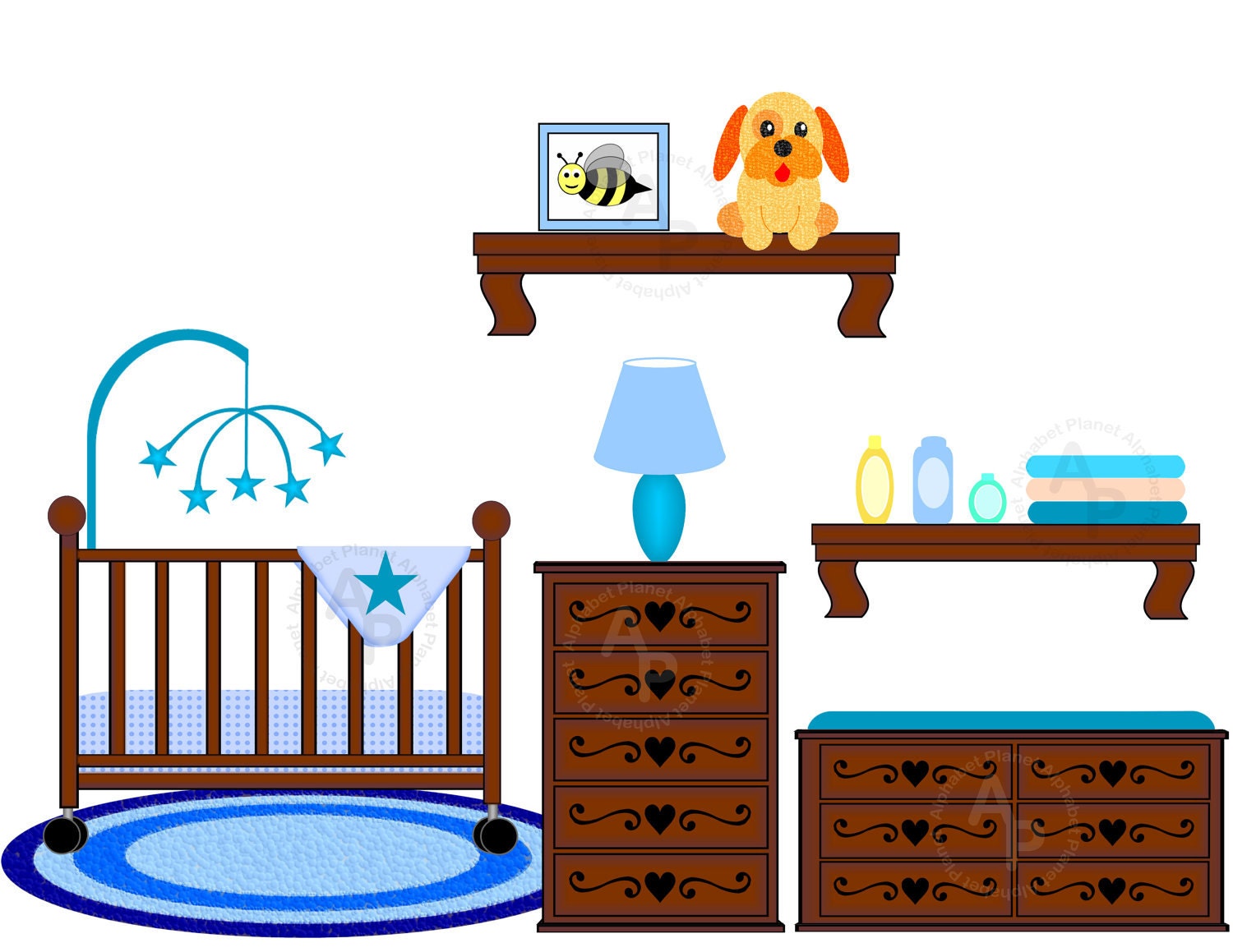 Baby Boy Nursery Crib Changing Table Digital Clip Art Set, Clipart