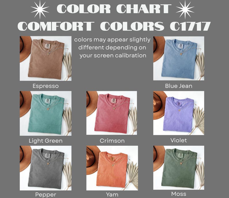 Comfort Colors T-Shirt Espresso Blue Jean Light Green Crimson Violet Pepper Yam Moss C1717 Color Chart