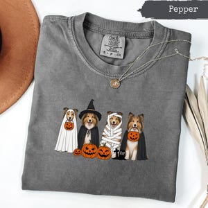 Gray Comfort Colors t-shirt with four dogs in Halloween costumes and pumpkins.