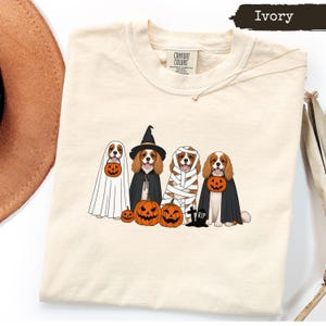 以下が含まれることがあります： アイボリー色のTシャツ。ハロウィンの仮装をした4匹のキャバリア・キング・チャールズ・スパニエル（ゴースト、魔女、ミイラ、吸血鬼）のイラストが描かれており、3つのジャック・オー・ランタンと「RIP」と書かれた小さな墓石が添えられています。