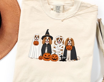 Può includere: Una t-shirt color avorio con una grafica di quattro Cavalier King Charles Spaniel vestiti con costumi di Halloween da fantasma, strega, mummia e vampiro, con tre zucche di Halloween e una piccola lapide con la scritta RIP.