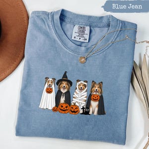 Blue Jean t-shirt with four dogs in Halloween costumes and pumpkins.