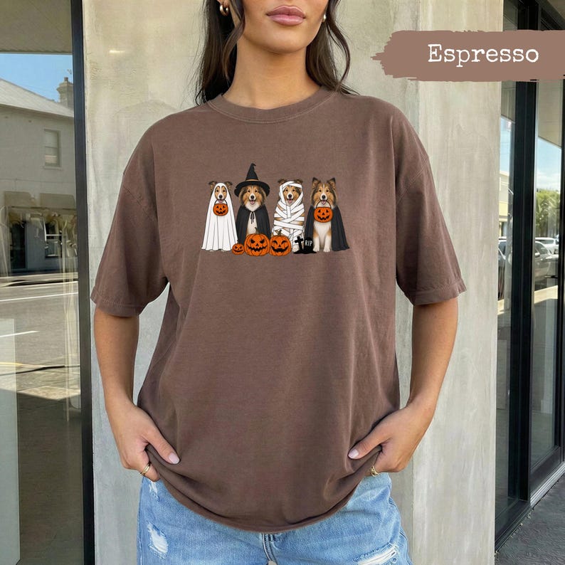 Chocolate brown t-shirt with a Halloween dog graphic and "Espresso" color label.