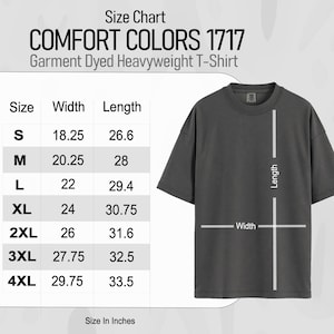 Comfort Colors 1717 size chart for garment-dyed heavyweight t-shirts.