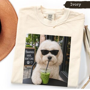 Puede incluir: Una camiseta de cuello redondo color marfil con el gráfico de un perro Havanés blanco con gafas de sol negras, bebiendo una bebida verde de un vaso transparente con pajita. Un cartel al fondo dice Havanese Hair, Don't Care con una huella.