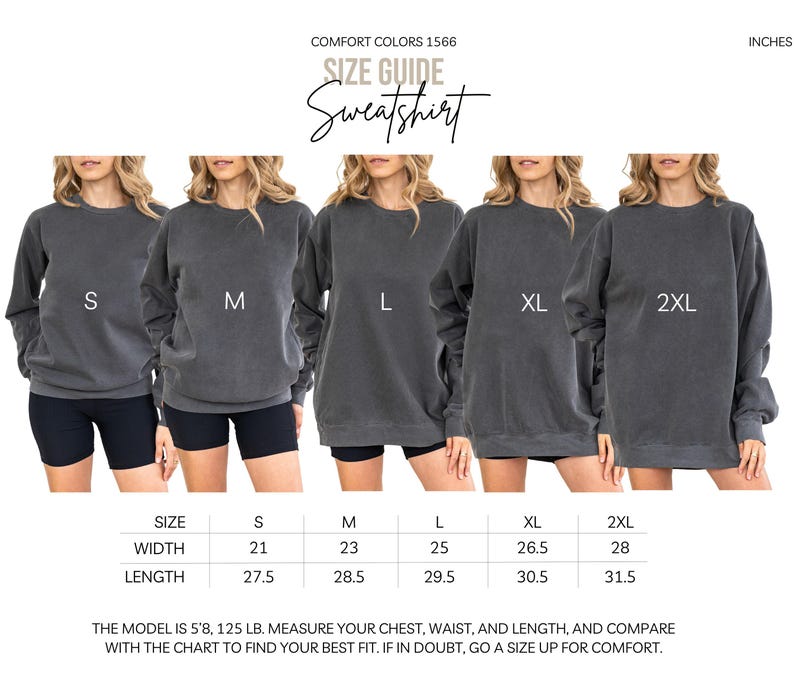 Comfort Colors Sweatshirt, Size Guide Sweatshirt, Casual Crewneck Pullover, Vintage Style Sweater, Unisex S-2XL, Cozy Loungewear