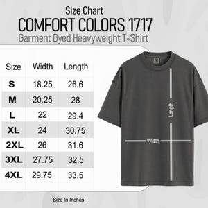 Comfort Colors 1717 size chart for garment dyed heavyweight t-shirts.