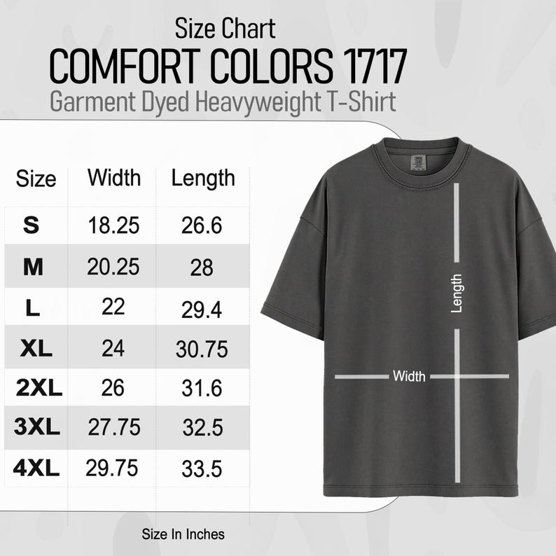 Comfort Colors 1717 size chart for garment dyed heavyweight t-shirts.