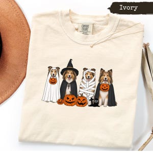 May include: An ivory t-shirt featuring a graphic of four Sheltie dogs dressed in Halloween costumes. The dogs are wearing a ghost sheet, a witch hat and cape, mummy bandages, and a vampire cape. They are holding orange jack-o'-lantern buckets.