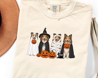 Comfort Colors® Sheltie Halloween hundkostym, söt Shetland Sheepdog Bus eller Treat-tröja, läskig present till husdjursälskare, höstvalp