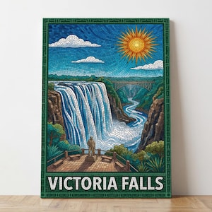 Peut inclure: Une impression murale rectangulaire présentant une illustration en style mosaïque des chutes Victoria. La scène montre une cascade, un pont, un soleil et une statue sur une plateforme d'observation. Le texte VICTORIA FALLS est inscrit en bas.
