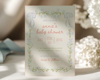 Whimsical Vintage Floral Baby Shower Invitation, Digital Download, DIY Editable Canva Template, Dainty Bow