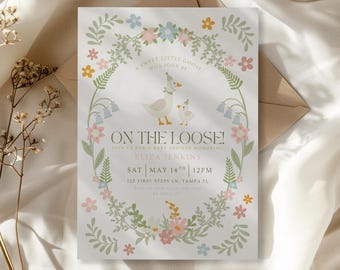Whimsical Silly Goose Baby Shower Invite, DIY Canva Template, Floral and Gingham, Gender Neutral