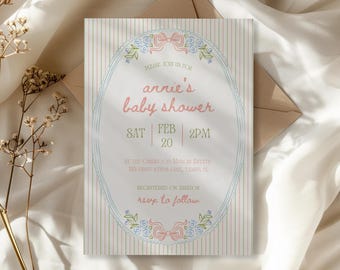 Adorable Round Striped Baby Shower Template, Digital Download, DIY Editable Canva, Floral & Bow, Neutral