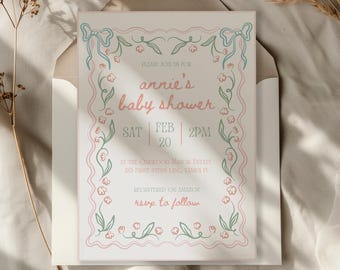 Dainty Bow Vintage Baby Shower Template, DIY Editable Canva, Whimsical Floral, Digital Download