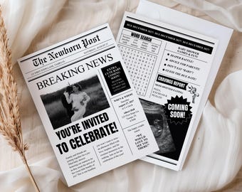 Classy Vintage Newspaper Baby Shower Invitation, Digital Download, Minimal Style, DIY Editable Canva Template