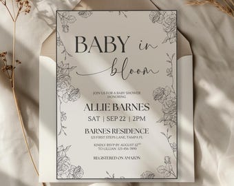Black and White Baby in Bloom Invitation, Wildflowers Baby Shower Invite, Hummingbird Design, Editable DIY Canva Template