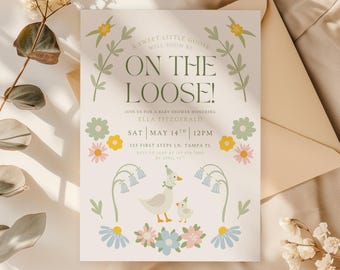 Adorable Silly Goose Baby Shower Invite, DIY Canva Template, Floral and Gingham, Gender Neutral