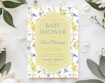 Vintage Botanical Baby Shower Invitation, Blue Yellow Floral, Editable Canva Template (Digital Download)