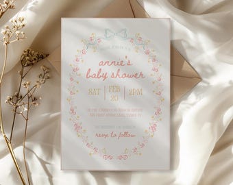 Adorable Round Vintage Baby Shower Template, Digital Download, DIY Editable Canva Template, Floral & Bow
