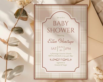 Vintage Plaid Baby Shower Invitation, Minimalist Design (Editable Canva Template)
