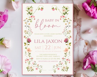 Baby in Bloom Invitation, Baby Shower Invitation, Flower Baby Shower Invitation, Wildflowers Baby Shower Invite, Floral Invitation Template