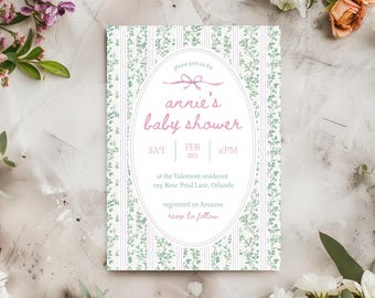 Minimal Simple Green Floral Vintage Baby Shower Invitation, Digital Template, DIY Canva Editable Invite